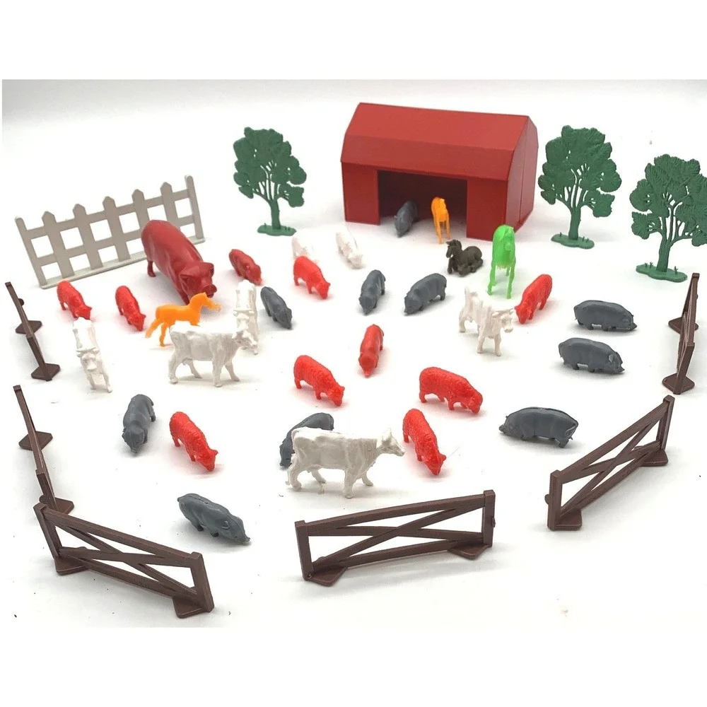Vtg Plastic Farm Animal Playset Lot Barn Fence Tree Toy Figures 1970s 1980s 35Pc